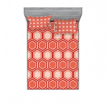 Retro Bedding Set with Sheet & Covers, Hexagonal Comb Pattern Geometrical Tile Graphic Artwork Vintage Design, Printed Bedroom Decor 2 Shams, 4 Sizes, Peach Coral Dark Coral, by Ambesonne