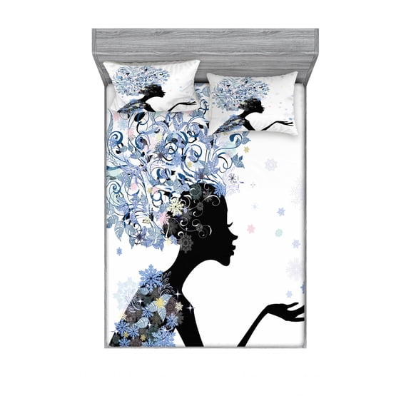 Retro Bedding Set with Sheet & Covers, Illustration of a Flower Haired Girl and Snowflakes Design Pattern Print, Printed Bedroom Decor 2 Shams, 4 Sizes, Slate Blue and Black, by Ambesonne