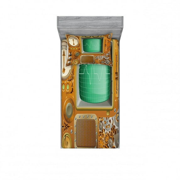 Retro Bedding Set with Sheet & Covers, Industrial Victorian Style Grunge Steampunk TV Gauger Retro Clockwork, Printed Bedroom Decor 2 Shams, 4 Sizes, Orange Green Pale Grey, by Ambesonne