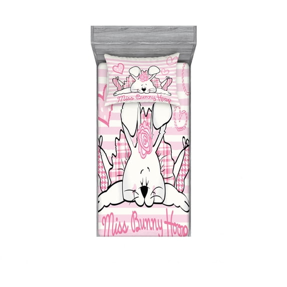 Retro Bedding Set with Sheet & Covers, Miss Bunny Hoop in Love Romantic Rabbit Valentines Day in Hearts Artwork, Printed Bedroom Decor 2 Shams, 4 Sizes, Pale Pink White, by Ambesonne
