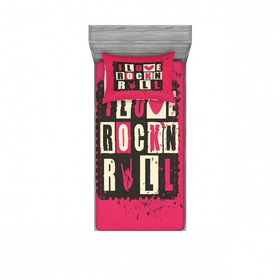 Retro Bedding Set with Sheet & Covers, Vintage Letters I Love Rock n' Roll on Grunge Poster Music Theme Art, Printed Bedroom Decor 2 Shams, 4 Sizes, Pink Charcoal Grey Beige, by Ambesonne