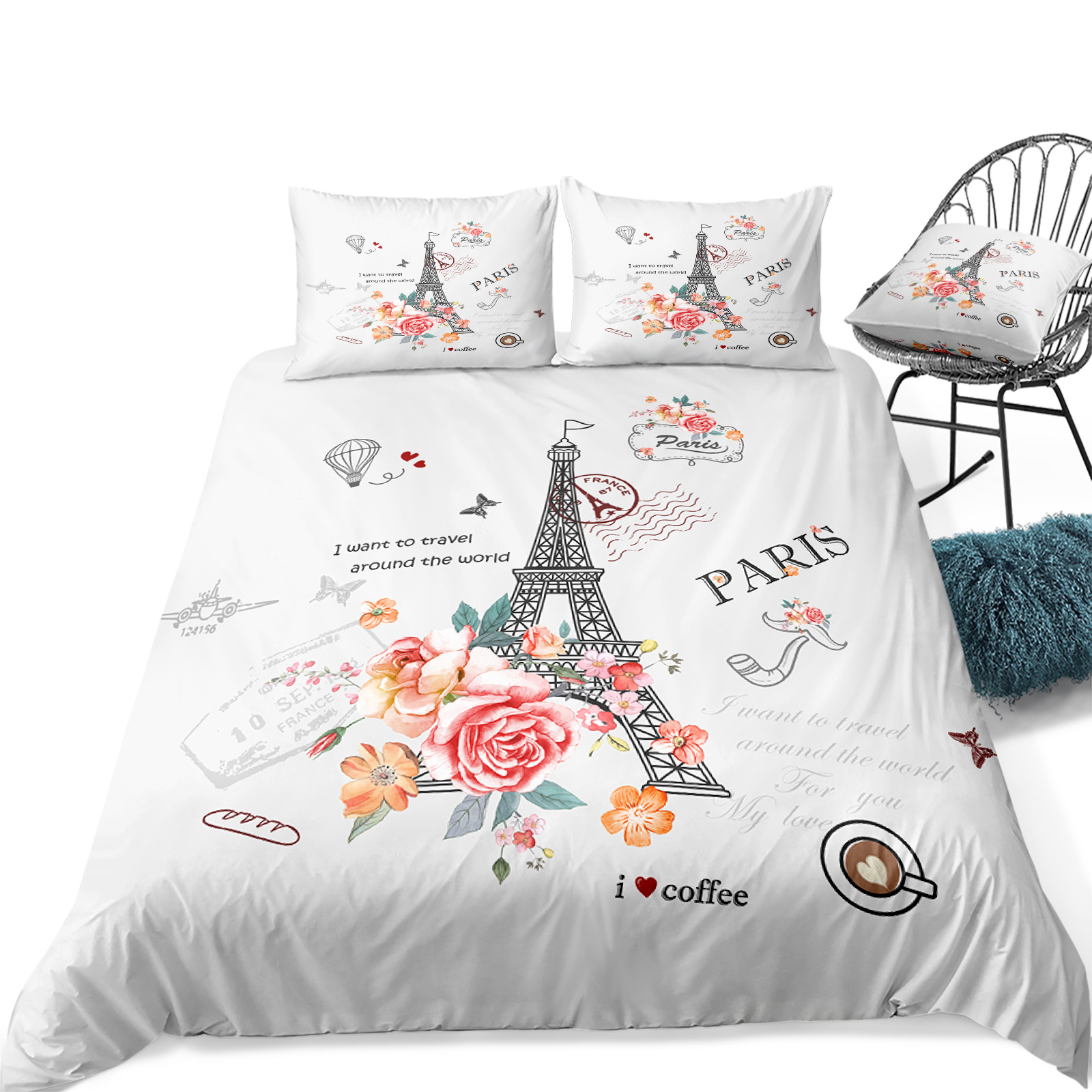 Retro Bedding Set Vintage Fashion Paris Eiffel Tower Comforter Cover