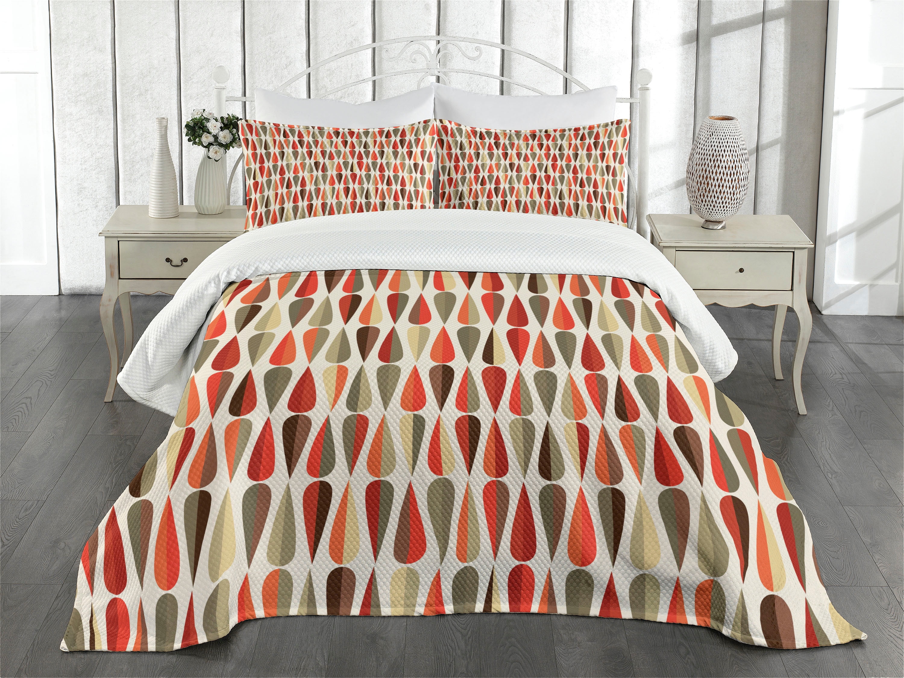 Retro Bedspread Set Queen Size, Sixties and Seventies Style Geometric ...