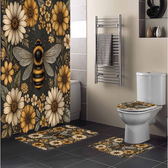 Retro Bee 4PCS Shower Curtains Set with Toilet Lid Cover Non-Slip Rugs, Country Yellow Honeycomb White Daisy Farmhouse Waterproof Shower Curtain Set for Bathroom with 9 Hooks 36x72 In