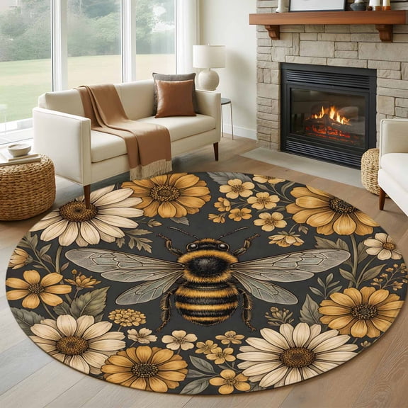 Retro Bee 5' Round Rug for Dining Table for 4 People Under Table Placement, Country Yellow Honeycomb White Daisy Farmhouse Washable Non Slip Circle Area Rug
