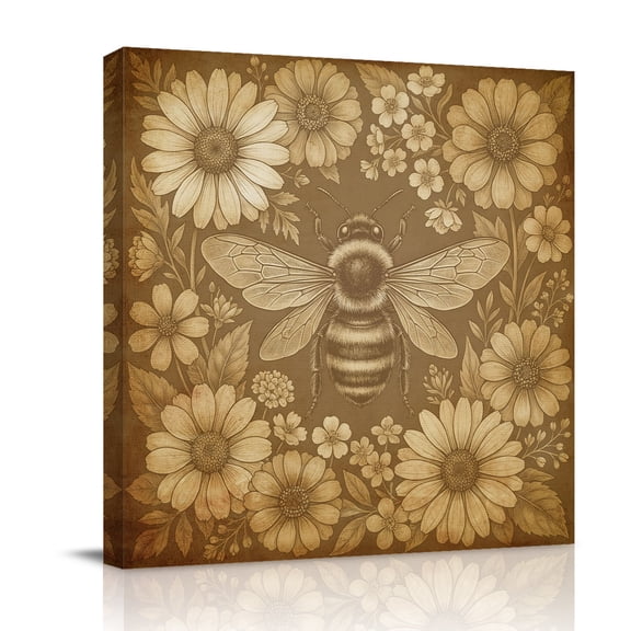 Retro Bee Canvas Wall Art for Living Room, Country Brown Honeycomb Daisy Floral Farmhouse Poster Print Painting for Bedroom Office Home Decoration Wall Pictures Prepare To Hang 8"x8"