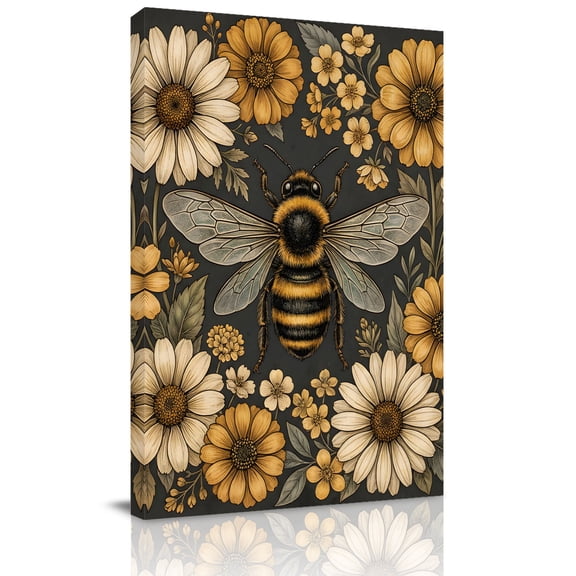 Retro Bee Canvas Wall Art for Living Room, Country Yellow Honeycomb White Daisy Farmhouse Poster Print Painting for Bedroom Office Home Decoration Wall Pictures Prepare To Hang 12"x12"