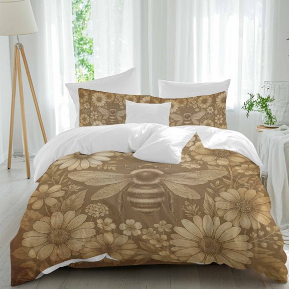 Retro Bee Comforter Set Twin Size, Country Brown Honeycomb Daisy Floral Farmhouse Soft Bedding Set for Man Woman, 4 Pieces Duvet Cover Set with Fitted Sheet, 2 Pillowcases