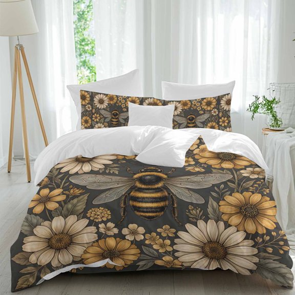 Retro Bee Comforter Set Twin Size, Country Yellow Honeycomb White Daisy Farmhouse Soft Bedding Set for Man Woman, 4 Pieces Duvet Cover Set with Fitted Sheet, 2 Pillowcases