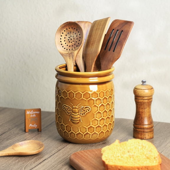 Retro Bee Embossed Ceramic Kitchen Utensil Holder Large Cooking Organizer for Spatula Home Decoration