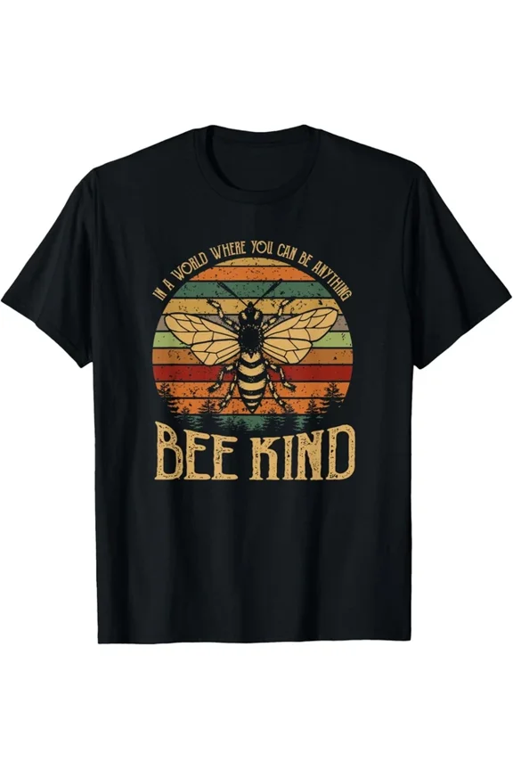 Retro Bee Kind Graphic Tee - Vintage Honey Bee Inspirational Quote T-Shirt for Men and Women - Cute Nature Lover Short Sleeve Top