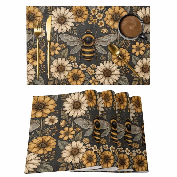 Retro Bee Placemats Set of 1, Country Yellow Honeycomb White Daisy Farmhouse Non-Slip Place Mats Washable Table Mats for Kitchen Dining Table Decorations Indoor/Outdoor