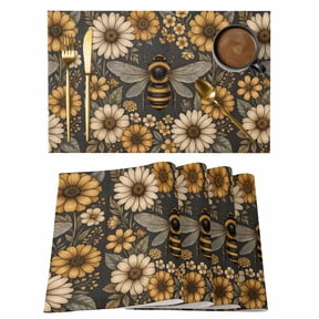 Retro Bee Placemats Set of 2, Country Yellow Honeycomb White Daisy Farmhouse Non-Slip Place Mats Washable Table Mats for Kitchen Dining Table Decorations Indoor/Outdoor
