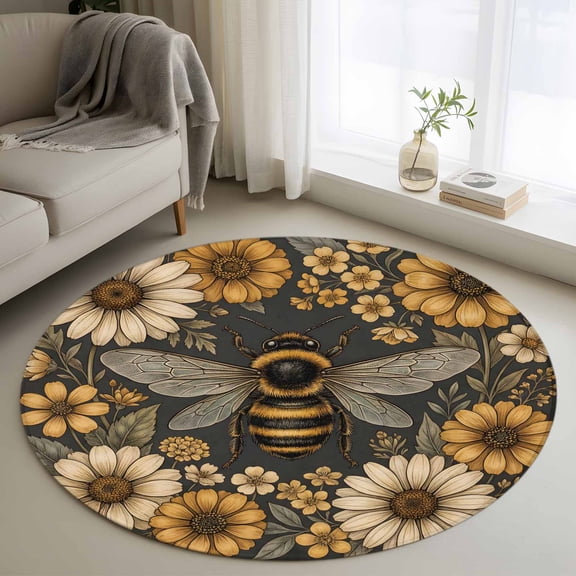 Retro Bee Round Rugs for Living Room 3ft Country Yellow Honeycomb White Daisy Farmhouse Non Slip Circle Rug Washable Low-Profile Indoor Carpet for Bedroom, Dining Room, Bathroom