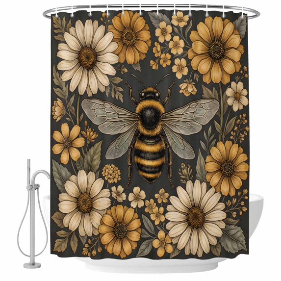 Retro Bee Shower Curtain Set with Hooks, Country Yellow Honeycomb White Daisy Farmhouse Water Repellent Shower Curtains for Bathroom Decor Sturdy Shower Curtain, Machine Washable 48x72 Inch