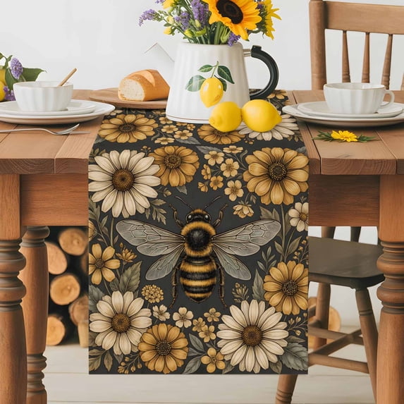 Retro Bee Table Runner 13x36 Inch Country Yellow Honeycomb White Daisy Farmhouse Cotton Linen Dining Table Runner Ideal for Dresser Kitchen Coffee Tables - Machine Washable