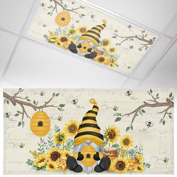 Retro Bees Dwarfs Fluorescent Light Covers Yellow Sunflowers Branch Spring Flower Plant Magnetic Light Filters Ceiling Lighting Panel Shade for Classroom Office Home 2 x 4 ft, 1 Pack
