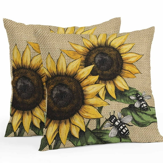 Retro Bees Outdoor Pillow Covers Pack of 2 Sunflower Leaf Pastoral Retro Bees Waterproof Throw Pillow Covers Decorative Cushion Cases for Patio Garden Tent Balcony Couch 16x16 inch
