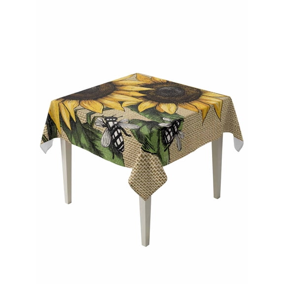 Retro Bees Table Cloth 60x60 Inch Square, Sunflower Leaf Pastoral Retro Bees Waterproof Tablecloth Washable Table Cover for Party Picnic Dinner Decor