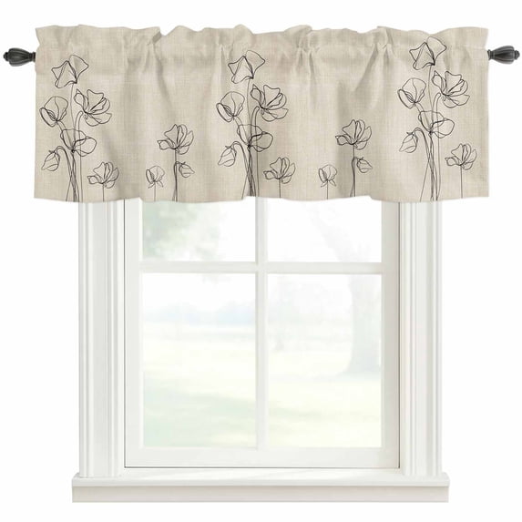 Retro Beige Flowers Farmhouse Short Window Curtain Valances, Rustic Abstract Floral Simple Art Rod Pocket Kitchen Valances for Living Room Bedroom Bathroom Cafe 60" x 18"
