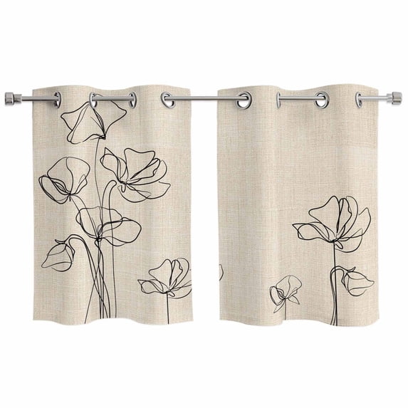 Retro Beige Flowers Kitchen Curtains Window Panels, Rustic Abstract Floral Simple Art Insulated Window Treatment Curtain, Grommet Curtains for Bedroom/Living Room/Bathroom, 2 Piece 27.5"Wx39"L
