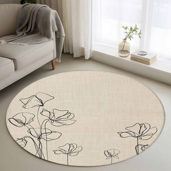 Retro Beige Flowers Round Area Rug 3Ft Washable Small Circle Rugs for Kitchen Entryway, Rustic Abstract Floral Simple Art Non-Slip Carpet Floor Mats Indoor Outdoor Carpet Runner Aesthetic Home Decor