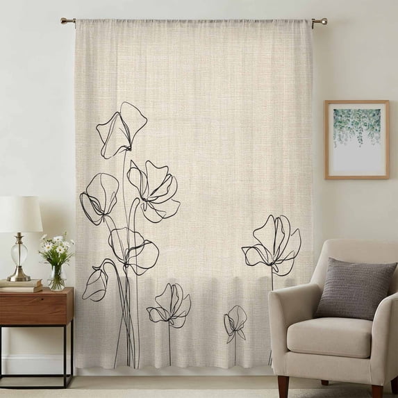 Retro Beige Flowers Sheer Curtains 63 Inches Long, Rustic Abstract Floral Simple Art Light Filering Curtains, Breathable Simi Curtain Privacy Drapes for Living Room Bedroom Window Treatment