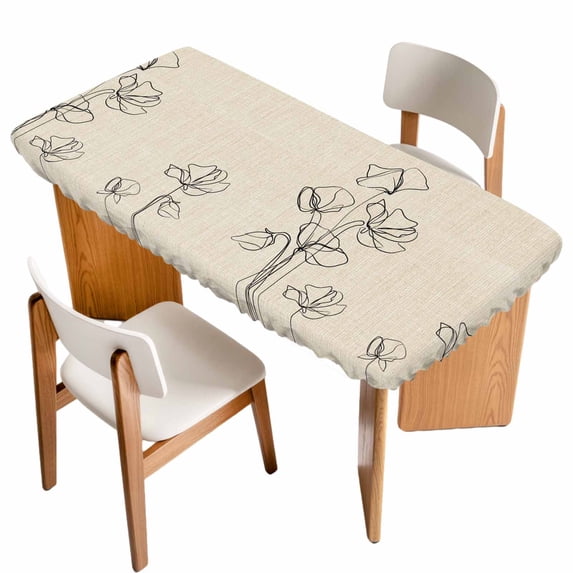 Retro Beige Flowers Table Cloths for 4 Foot Rectangle Tables, Rustic Abstract Floral Simple Art Patio Waterproof Elastic Fitted Tablecloths, Washable Rectangular Table Cover for Camping