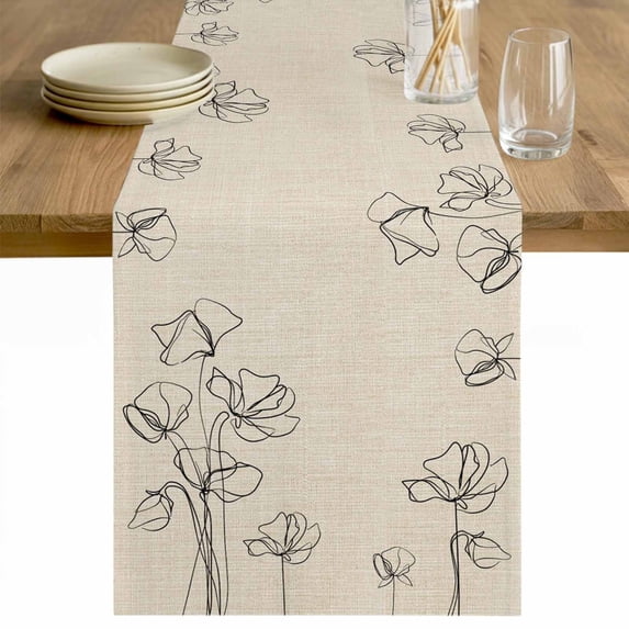 Retro Beige Flowers Table Runner - 70 Inch Long Rustic Abstract Floral Simple Art Cotton and Linen Blended Dress Scarves Farmhouse Table Runner for Kitchen Dining, Coffee Table, 13" x 70"