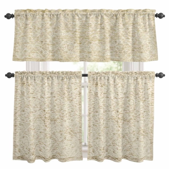 Retro Beige Geometric Kitchen Curtains Valances and Tiers Set of 3 Abstract Old Flower Pattern Stained Tier Curtains and Valance with Rod Pocket for Small Windows, 27.5"x24"