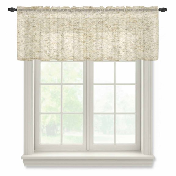 Retro Beige Geometric Sheer Valances for Windows, Abstract Old Flower Pattern Stained Semi Sheer Kitchen Valance Rod Pocket Small Voile Window Curtains for Living Room Bedroom 60 x 18 Inch