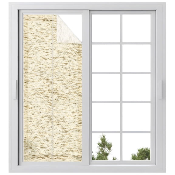 Retro Beige Geometric Window Privacy Film, Abstract Old Flower Pattern Stained Frosted Glass Window Clings Static Cling UV Heat Blocking Reusable Door Sticker for Bathroom 23.6 x 59 Inch