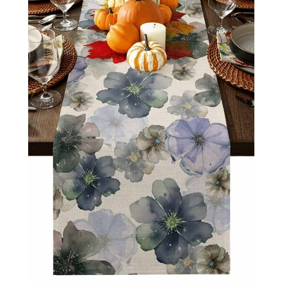 Retro Beige Purple Flower Table Runner-Cotton Linen- 72 Inch Holiday Dresser Scarves, Ombre Blue Green Blossom Floral Tablerunner for Kitchen Coffee/Dining Living Room Dinner Scarf Décor 13x72