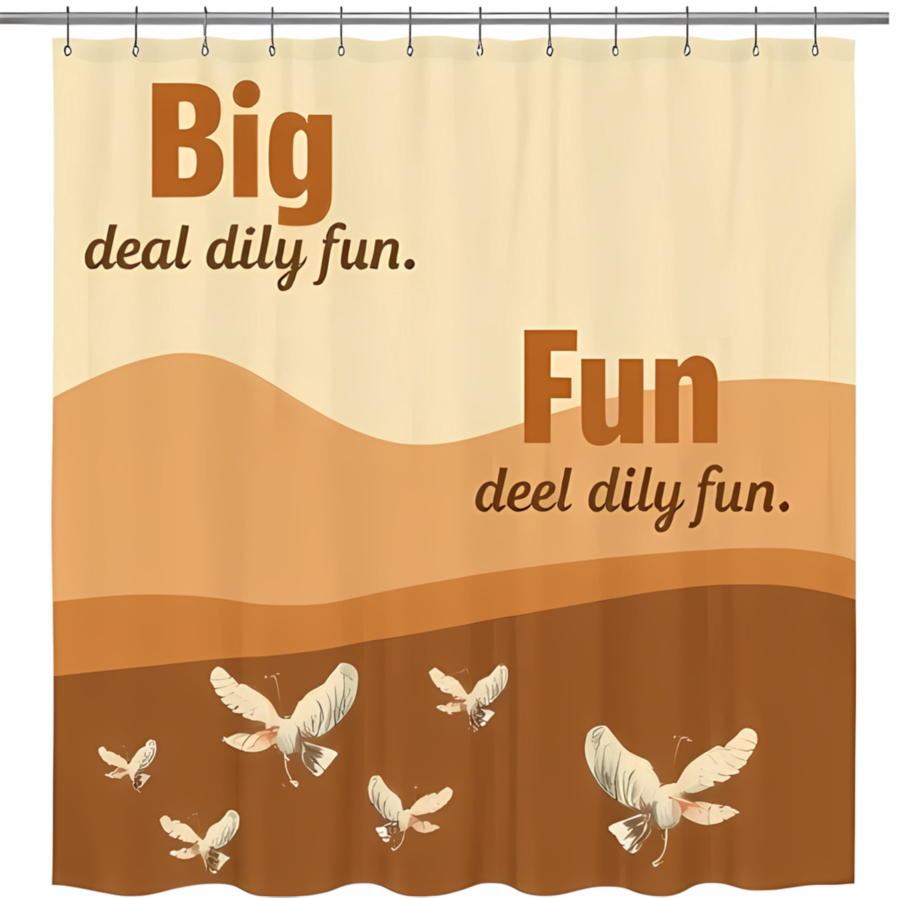 Retro Beige Shower Curtain with Bold Brown 'Big' and 'Fun' Text ...