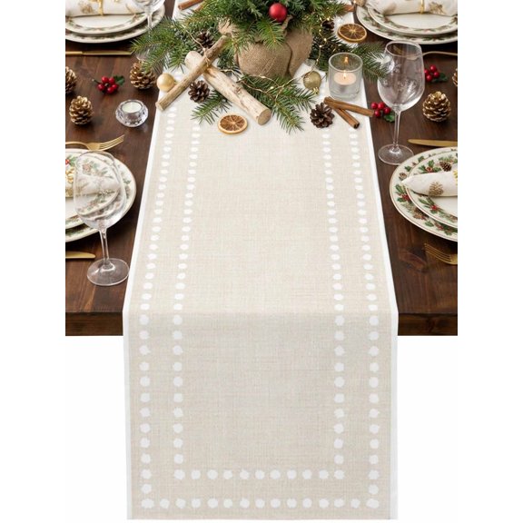 Retro Beige Solid Color Table Runner,Modern Dotted Borders Minimalist Washable Cotton Linen Table Runners 120 Inches Long,Dresser Scarf Runner for Dining/Living Room/Kitchen/Square Tables 13''x120''