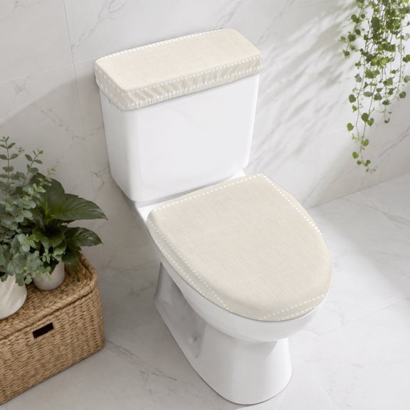 Retro Beige Solid Color Toilet Lid Cover with Tank Cover Set 2pcs, Stretch Fabric Toilet Seat Protector, Modern Dotted Borders Minimalist Universal Fit Bathroom Accessories for Home Hotel Toilets