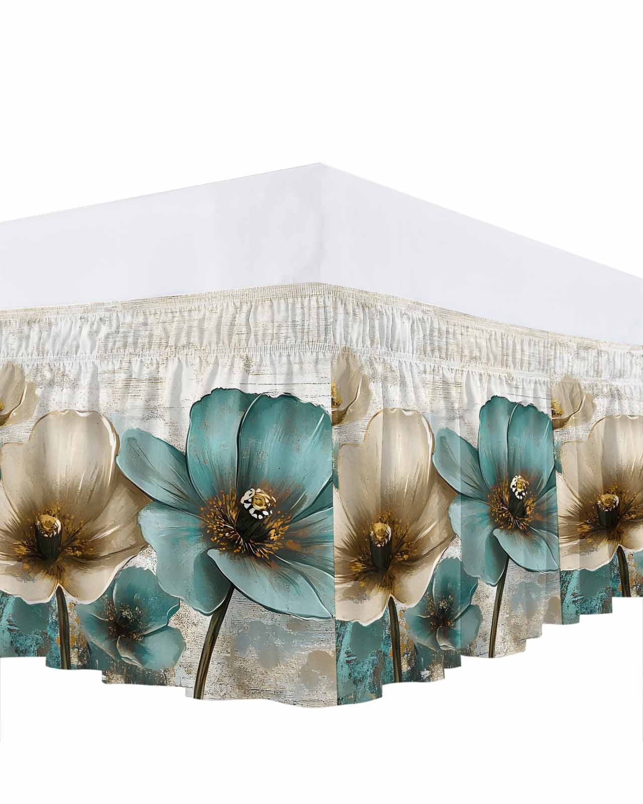 Retro Beige Teal Flowers Bed Skirt Vintage Background Pastoral Style Bed Skirts King Size 18 Inch Drop, Wrap Around Dust Ruffle&nbsp;Bedskirt with Adjustable Elastic Belt for Queen Size Beds