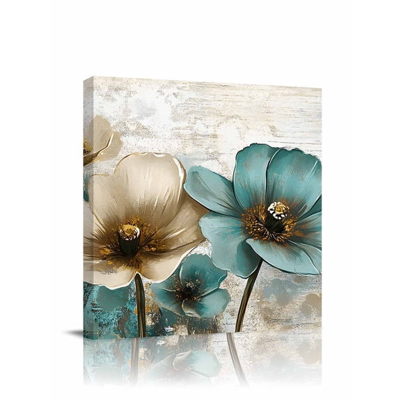 Retro Beige Teal Flowers Canvas Wall Art, Vintage Background Pastoral Style Framed Wall Decor Modern Artwork Prints Painting for Living Room, Bedroom, Kitchen & Cafe Decor 8x8 Inch