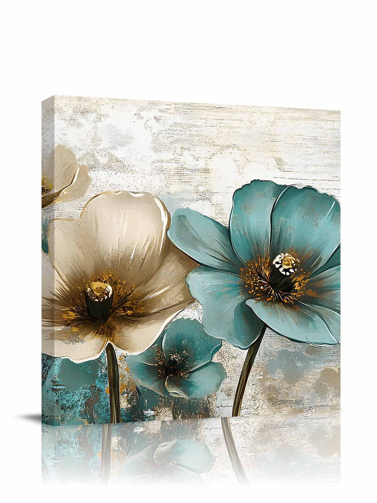 Retro Beige Teal Flowers Canvas Wall Art, Vintage Background Pastoral Style Framed Wall Decor Modern Artwork Prints Painting for Living Room, Bedroom, Kitchen & Cafe Decor 16x16 Inch