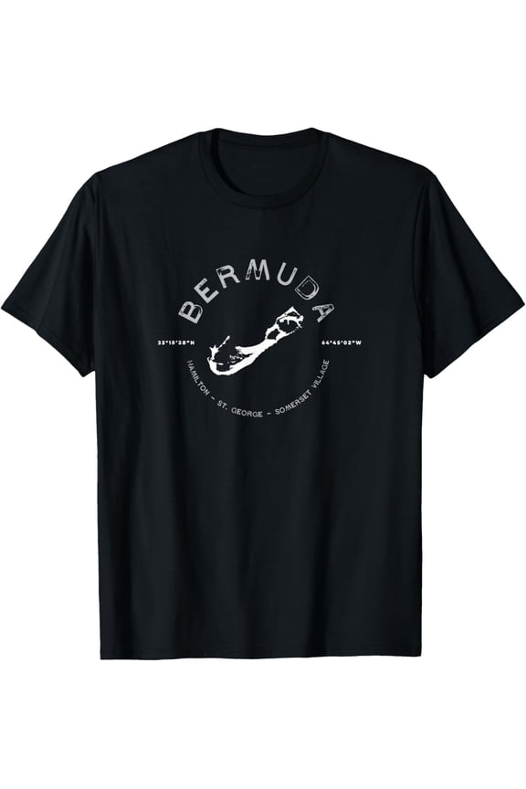 Retro Bermuda Island Map T-Shirt Vintage Nautical Coordinates Graphic Tee Hamilton St George Somerset Village Souvenir Apparel for Men and Women