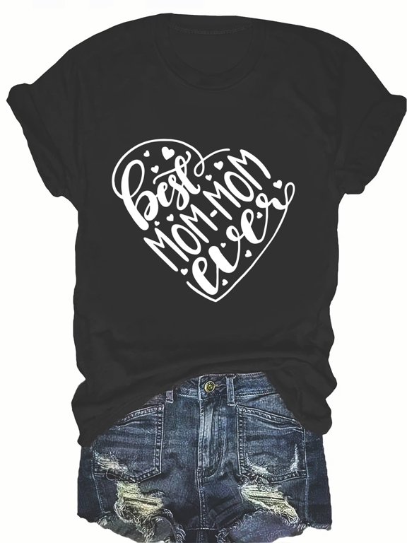Retro Best Mom-Mom Ever Heart Graphic T-Shirt Women's Casual Short Sleeve Crewneck Top Mother's Day Grandmother Gift Idea