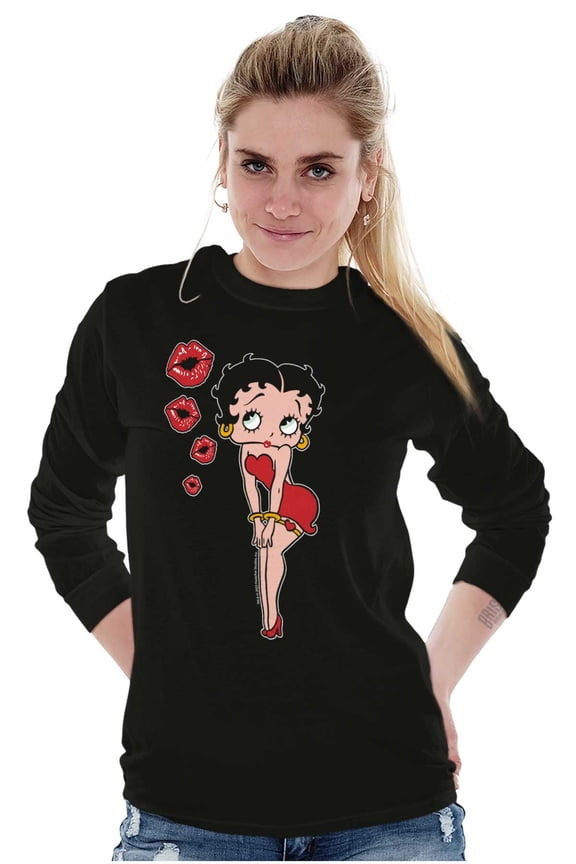 Retro Betty Boop Cartoon Kissy Lips Women Plus Size Long Sleeve Graphic Tee Brisco Brands 2X