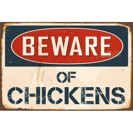 Retro Beware of Chickens Metal Tin Sign - 12×8 Inches, Funny Decor, Home Cave Garage Bar Decor