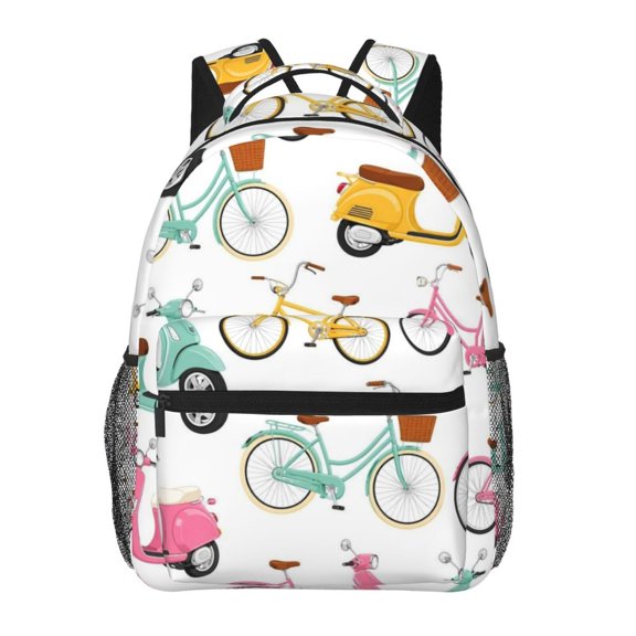 Retro Bicycle And Scooter Pattern Backpack Casual College Bag Zipper Laptop Daypack Hiking Rucksack Travel