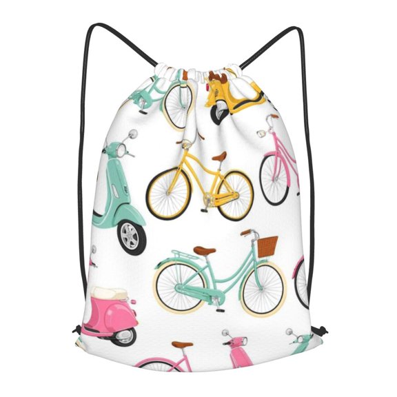 Retro Bicycle And Scooter Pattern Drawstring Backpack Gym String Bag Sports Sackpack Cinch Sack, S
