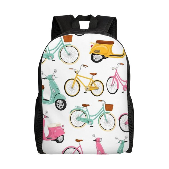 Retro Bicycle And Scooter Pattern Laptop Backpack, Padded 15.6 Inch Computer Compartment, Casual Travel Work Daypack