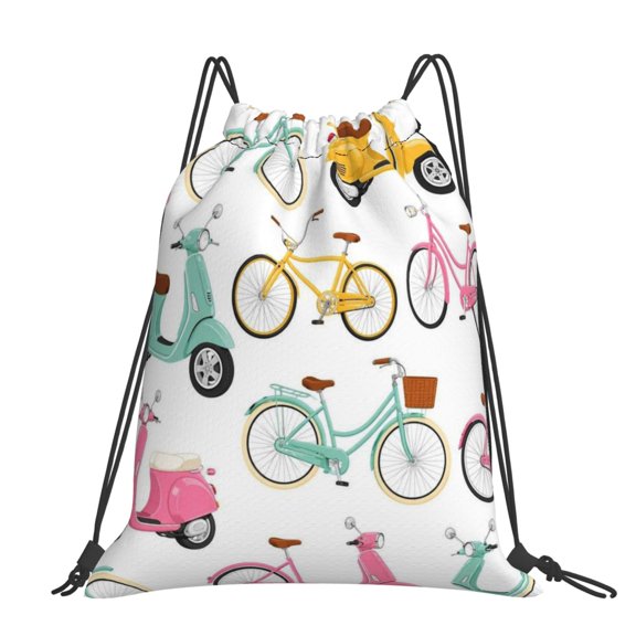 Retro Bicycle And Scooter Pattern Large Drawstring Backpack Casual Cinch Sack Bag Backpack for Sports Hiking Travel Gym