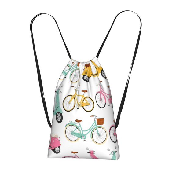 Retro Bicycle And Scooter Pattern Packable Drawstring Backpack, Lightweight Foldable Cinch Storage Bag for Gym Travel Shopping