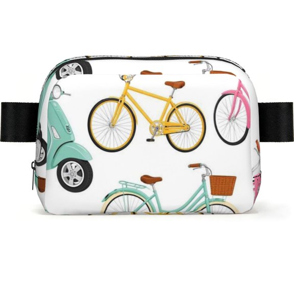 Retro Bicycle And Scooter Pattern Square Fanny Pack Fashion Belt Bag with Adjustable Strap Crossbody Chest Bag for Travel, Running, Gym