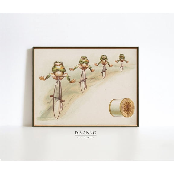 Retro Bicycle Frogs Wall Art Vintage Frog Toad Illustration, UNFRAMED Size 30x30